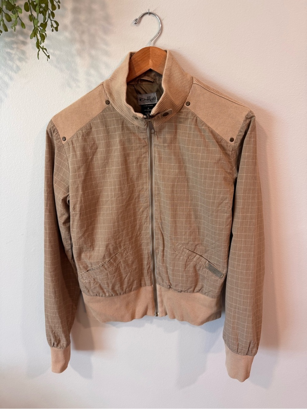 Oakley Tan Bomber Jacket with Subtle Windowpane Size Medium